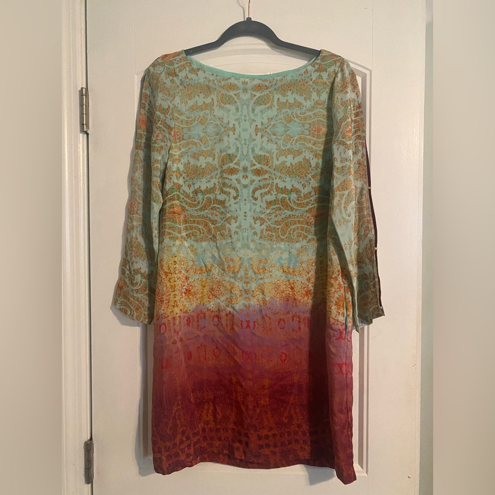 nthropologie MAEVE Cleome Silk Tunic Shift Dress Ombré Paisley Slit sleeves